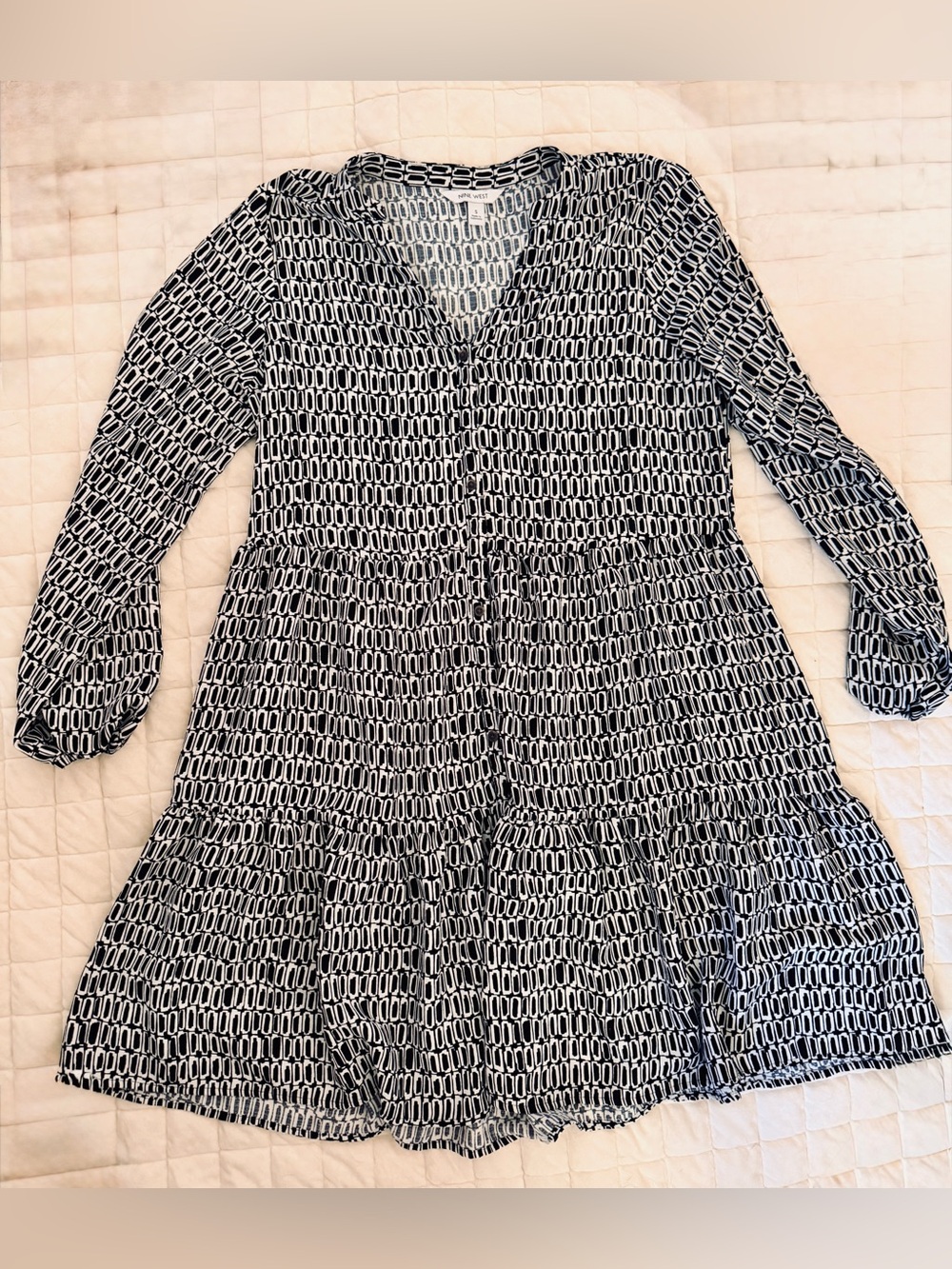 Nine West Geometric Print Long Sleeve Tiered Dress with Buttons